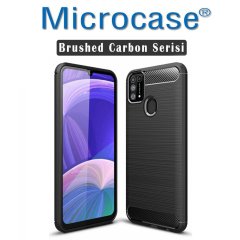 Microcase Samsung Galaxy M31 Brushed Carbon Fiber Silikon Kılıf - Siyah + Tempered Glass Cam Koruma