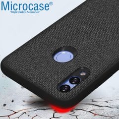 Microcase Huawei Honor 8X Fabrik Serisi Kumaş ve Deri Desen Kılıf - Siyah + Tempered Glass Cam Koruma