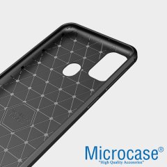 Microcase Samsung Galaxy M31 Brushed Carbon Fiber Silikon Kılıf - Siyah + Tempered Glass Cam Koruma