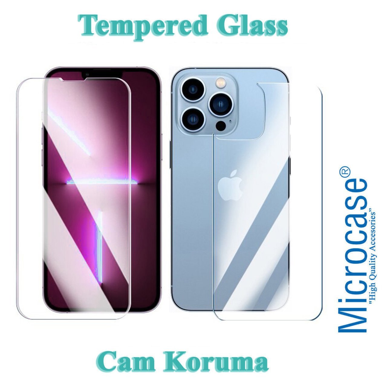 Microcase iPhone 13 Pro Ön ve Arka Tempered Glass Cam Koruma