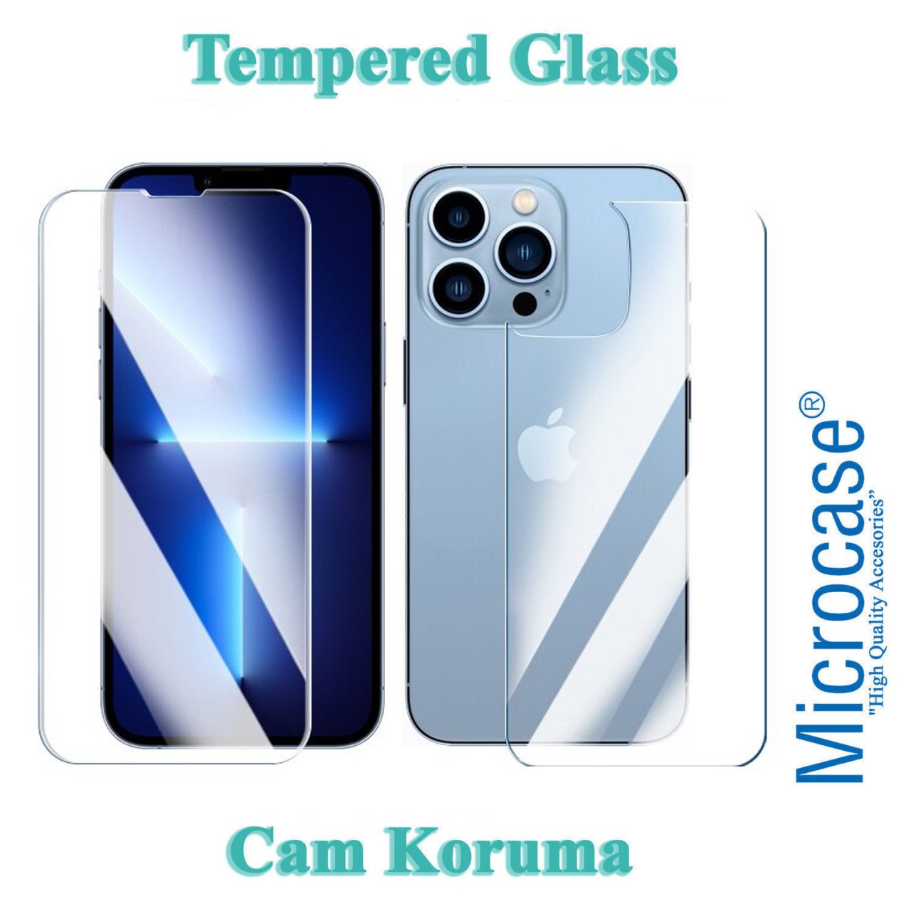 Microcase iPhone 13 Pro Max Ön ve Arka Tempered Glass Cam Koruma