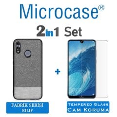 Microcase Huawei Honor 8X MAX Fabrik Serisi Kumaş ve Deri Desen Kılıf - Gri + Tempered Glass Cam Koruma