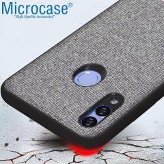 Microcase Huawei Honor 8X MAX Fabrik Serisi Kumaş ve Deri Desen Kılıf - Gri + Tempered Glass Cam Koruma