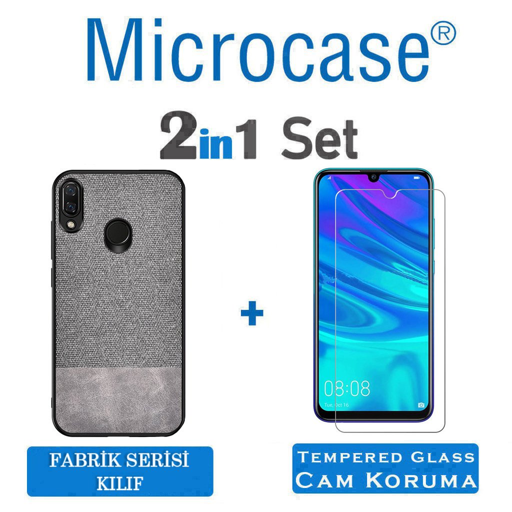 Microcase Huawei P Smart 2019 Fabrik Serisi Kumaş ve Deri Desen Kılıf - Gri + Tempered Glass Cam Koruma