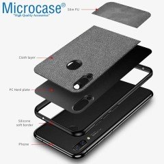 Microcase Huawei P Smart 2019 Fabrik Serisi Kumaş ve Deri Desen Kılıf - Gri + Tempered Glass Cam Koruma