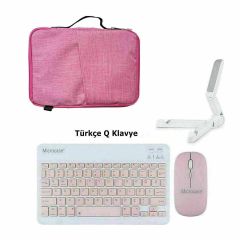 Microcase Vorcom QuartzPro 10.1 inch Tablet Uyumlu Tablet Çanta+Türkçe Bluetooth Klavye +Mouse+ Standı - Pembe AL8127