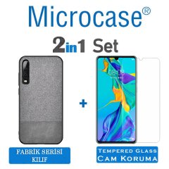 Microcase Huawei P30 Fabrik Serisi Kumaş ve Deri Desen Kılıf - Gri + Tempered Glass Cam Koruma