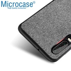 Microcase Huawei P30 Fabrik Serisi Kumaş ve Deri Desen Kılıf - Gri + Tempered Glass Cam Koruma