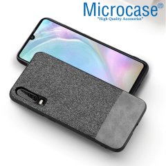 Microcase Huawei P30 Fabrik Serisi Kumaş ve Deri Desen Kılıf - Gri