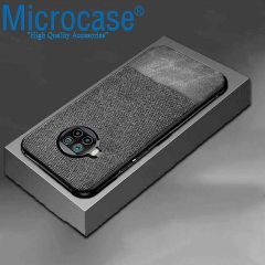 Microcase Xiaomi Mi 10T Lite Fabrik Serisi Kumaş ve Deri Desen Kılıf - Gri