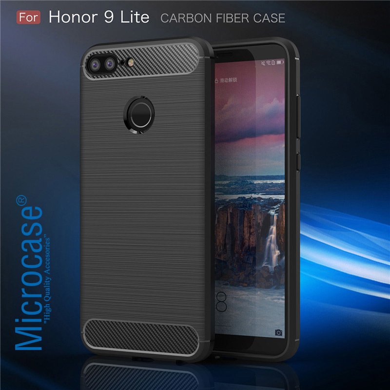 Huawei Honor 9 Lite Brushed Carbon Fiber Silikon TPU Kılıf + Cam