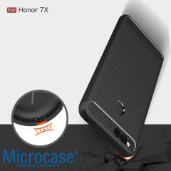 Huawei Honor 7X Brushed Carbon Fiber Silikon TPU Kılıf + Cam