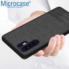 Microcase Huawei P30 Pro Fabrik Serisi Kumaş ve Deri Desen Kılıf - Siyah