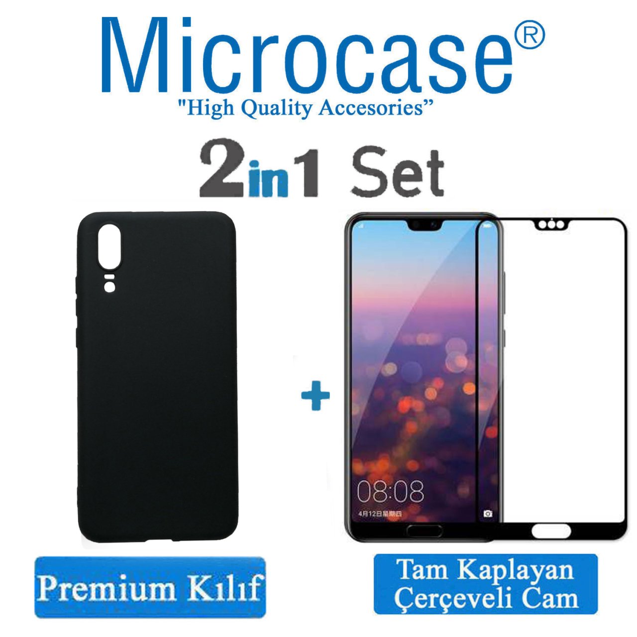 Huawei P20 Premium Matte Silikon Kılıf + Tam Kaplayan Cam