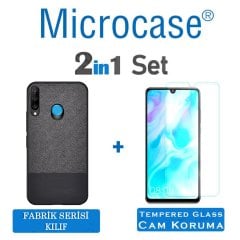 Microcase Huawei P30 Lite Fabrik Serisi Kumaş ve Deri Desen Kılıf - Siyah + Tempered Glass Cam Koruma
