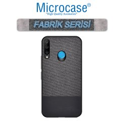 Microcase Huawei P30 Lite Fabrik Serisi Kumaş ve Deri Desen Kılıf - Siyah + Tempered Glass Cam Koruma