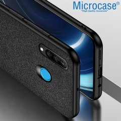 Microcase Huawei P30 Lite Fabrik Serisi Kumaş ve Deri Desen Kılıf - Siyah + Tempered Glass Cam Koruma