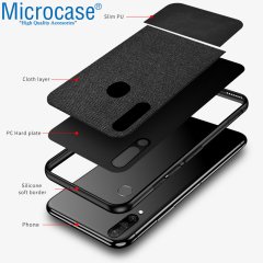 Microcase Huawei P30 Lite Fabrik Serisi Kumaş ve Deri Desen Kılıf - Siyah + Tempered Glass Cam Koruma