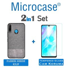 Microcase Huawei P30 Lite Fabrik Serisi Kumaş ve Deri Desen Kılıf - Gri + Tempered Glass Cam Koruma
