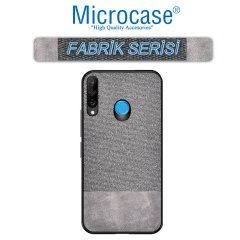 Microcase Huawei P30 Lite Fabrik Serisi Kumaş ve Deri Desen Kılıf - Gri + Tempered Glass Cam Koruma