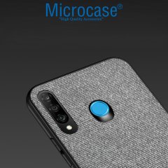Microcase Huawei P30 Lite Fabrik Serisi Kumaş ve Deri Desen Kılıf - Gri + Tempered Glass Cam Koruma