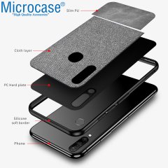 Microcase Huawei P30 Lite Fabrik Serisi Kumaş ve Deri Desen Kılıf - Gri + Tempered Glass Cam Koruma