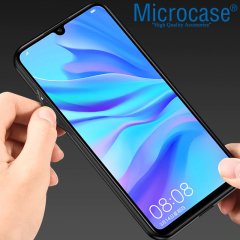 Microcase Huawei P30 Lite Fabrik Serisi Kumaş ve Deri Desen Kılıf - Gri + Tempered Glass Cam Koruma