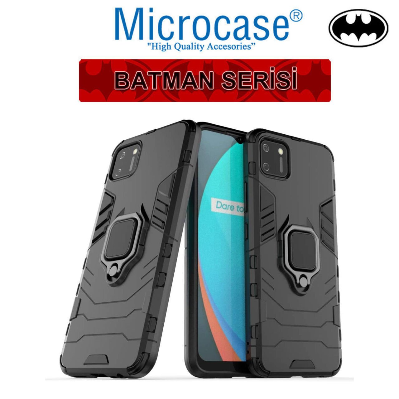 Microcase Realme C11 Batman Serisi Yüzük Standlı Armor Kılıf - Siyah