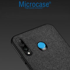Microcase Huawei P30 Lite Fabrik Serisi Kumaş ve Deri Desen Kılıf - Siyah