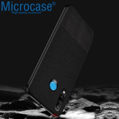 Microcase Huawei P30 Lite Fabrik Serisi Kumaş ve Deri Desen Kılıf - Siyah