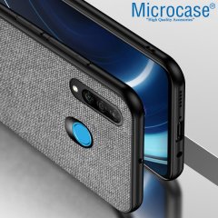 Microcase Huawei P30 Lite Fabrik Serisi Kumaş ve Deri Desen Kılıf - Gri