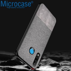 Microcase Huawei P30 Lite Fabrik Serisi Kumaş ve Deri Desen Kılıf - Gri