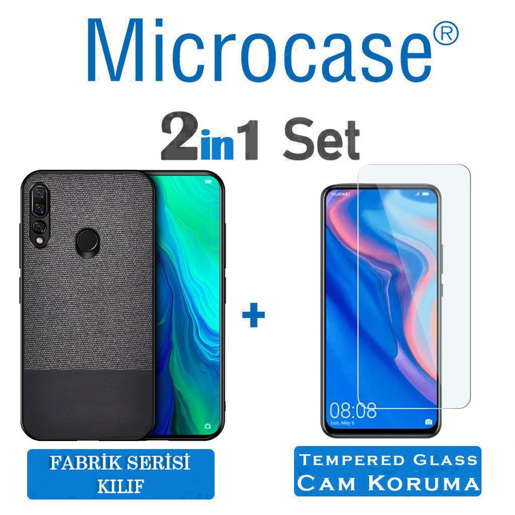 Microcase Huawei P Smart Z - Y9 Prime 2019 Fabrik Serisi Kumaş ve Deri Desen Kılıf - Siyah + Tempered Glass Cam Koruma