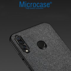 Microcase Huawei P Smart Z - Y9 Prime 2019 Fabrik Serisi Kumaş ve Deri Desen Kılıf - Siyah + Tempered Glass Cam Koruma