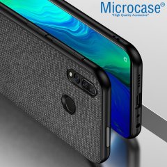 Microcase Huawei P Smart Z - Y9 Prime 2019 Fabrik Serisi Kumaş ve Deri Desen Kılıf - Siyah + Tempered Glass Cam Koruma