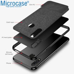 Microcase Huawei P Smart Z - Y9 Prime 2019 Fabrik Serisi Kumaş ve Deri Desen Kılıf - Siyah + Tempered Glass Cam Koruma