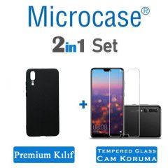 Huawei P20 Premium Matte Silikon Kılıf + Tempered Glass Cam