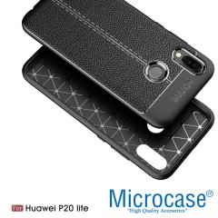 Huawei P20 Lite Leather Effect Tpu Silikon Kılıf + Tempered Cam