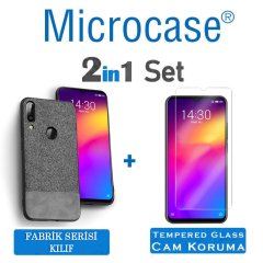Microcase Meizu Note 9 Fabrik Serisi Kumaş ve Deri Desen Kılıf - Gri + Tempered Glass Cam Koruma