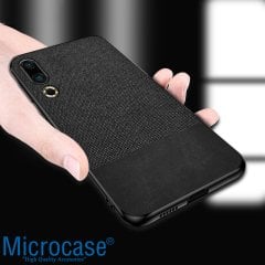 Microcase Meizu 16s Fabrik Serisi Kumaş ve Deri Desen Kılıf - Siyah + Tempered Glass Cam Koruma