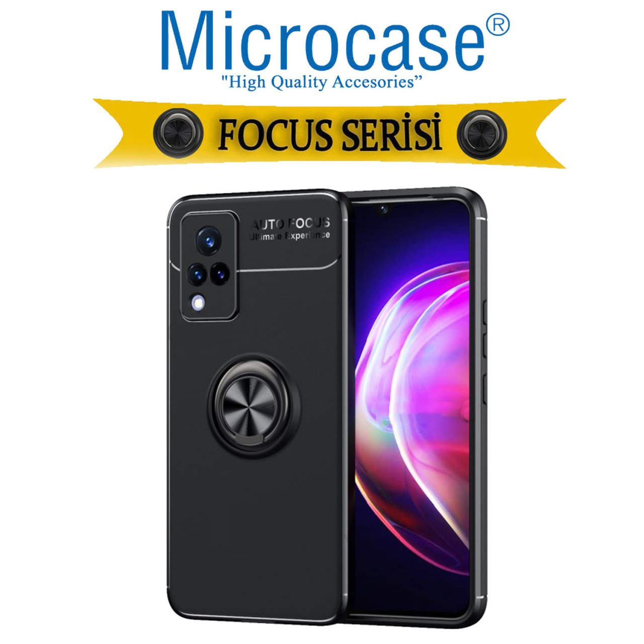 Microcase Vivo V21 Focus Serisi Yüzük Standlı Silikon Kılıf - Siyah