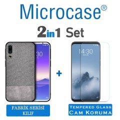 Microcase Meizu 16s Fabrik Serisi Kumaş ve Deri Desen Kılıf - Gri + Tempered Glass Cam Koruma