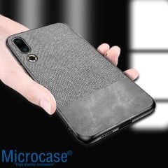 Microcase Meizu 16s Fabrik Serisi Kumaş ve Deri Desen Kılıf - Gri + Tempered Glass Cam Koruma