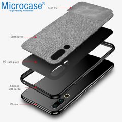 Microcase Meizu 16s Fabrik Serisi Kumaş ve Deri Desen Kılıf - Gri + Tempered Glass Cam Koruma