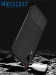 Microcase Meizu 16s Fabrik Serisi Kumaş ve Deri Desen Kılıf - Siyah