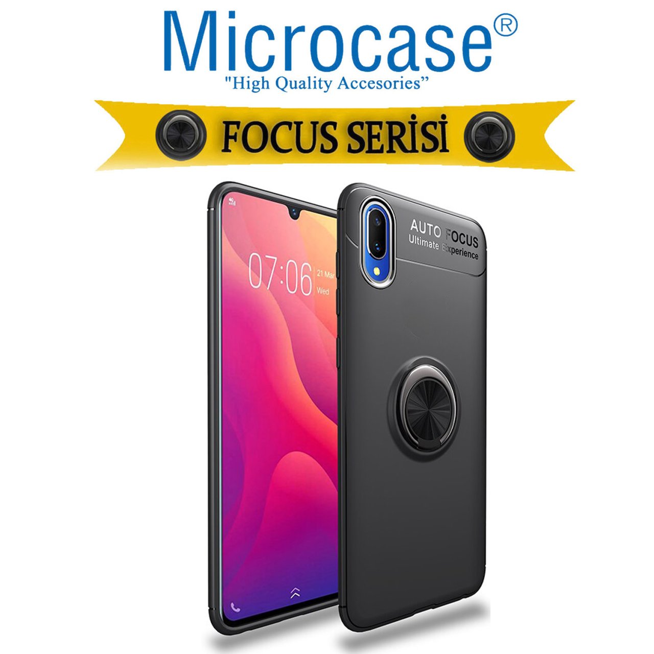 Microcase Vivo Y90 Focus Serisi Yüzük Standlı Silikon Kılıf - Siyah