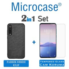 Microcase Meizu 16Xs Fabrik Serisi Kumaş ve Deri Desen Kılıf - Siyah + Tempered Glass Cam Koruma