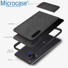 Microcase Meizu 16Xs Fabrik Serisi Kumaş ve Deri Desen Kılıf - Siyah + Tempered Glass Cam Koruma