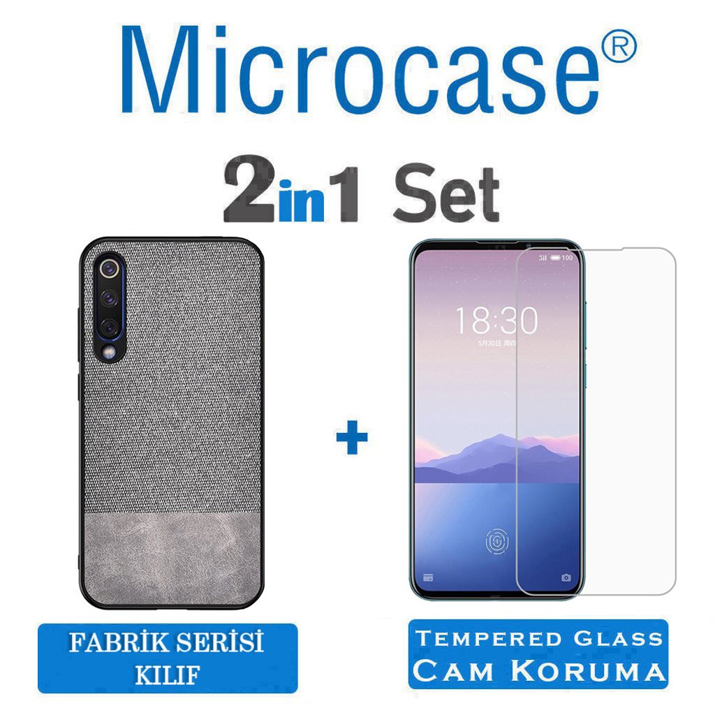 Microcase Meizu 16Xs Fabrik Serisi Kumaş ve Deri Desen Kılıf - Gri + Tempered Glass Cam Koruma