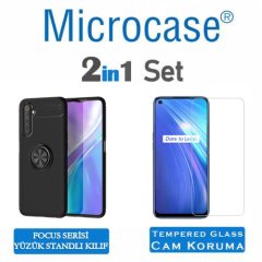 Microcase Realme 6 Focus Serisi Yüzük Standlı Silikon Kılıf - Siyah + Tempered Glass Cam Koruma